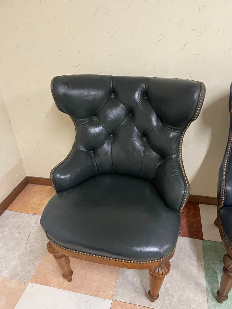 ダークブルー レザー クラシックチェア 2脚セット