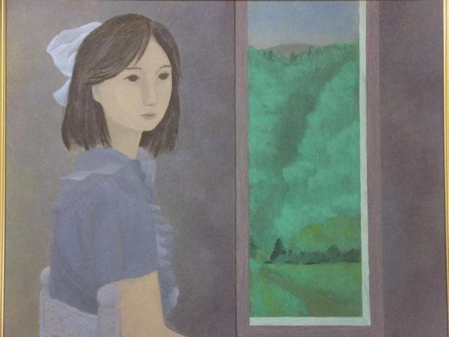 橋本弘安　落款印譜 共シール『窓辺』 日本画　紙本に岩絵具彩色 1011W