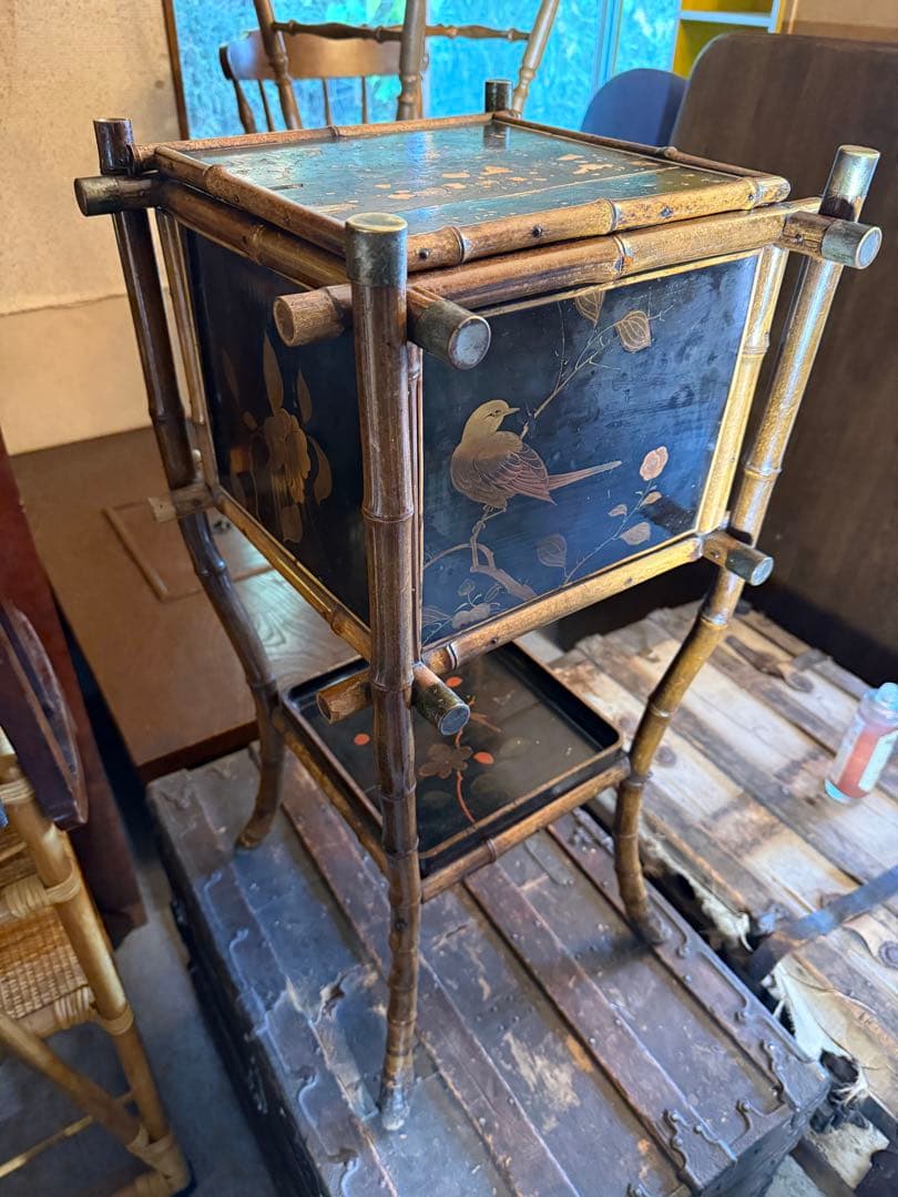 明治期 竹細工 蒔絵風パネル付 手焙り箱 花台 飾り棚