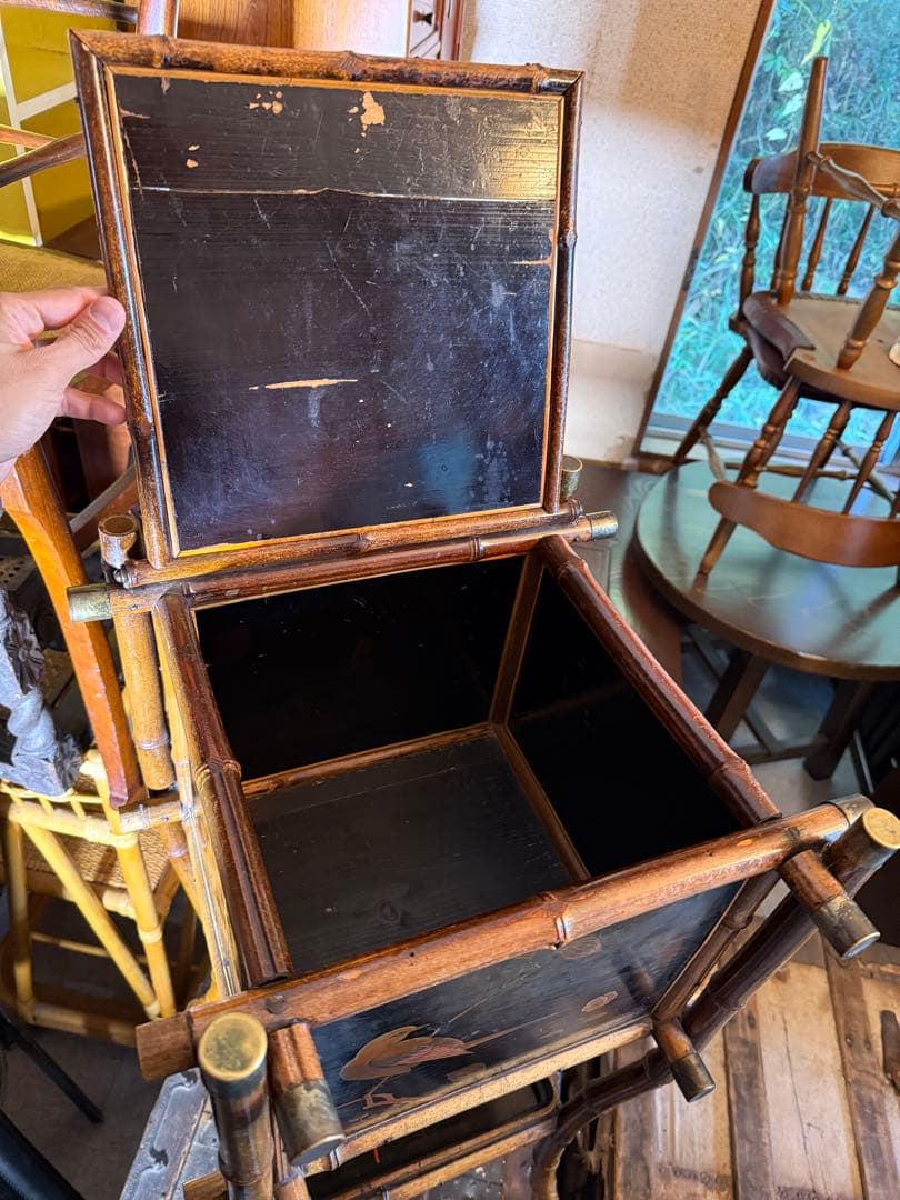 明治期 竹細工 蒔絵風パネル付 手焙り箱 花台 飾り棚