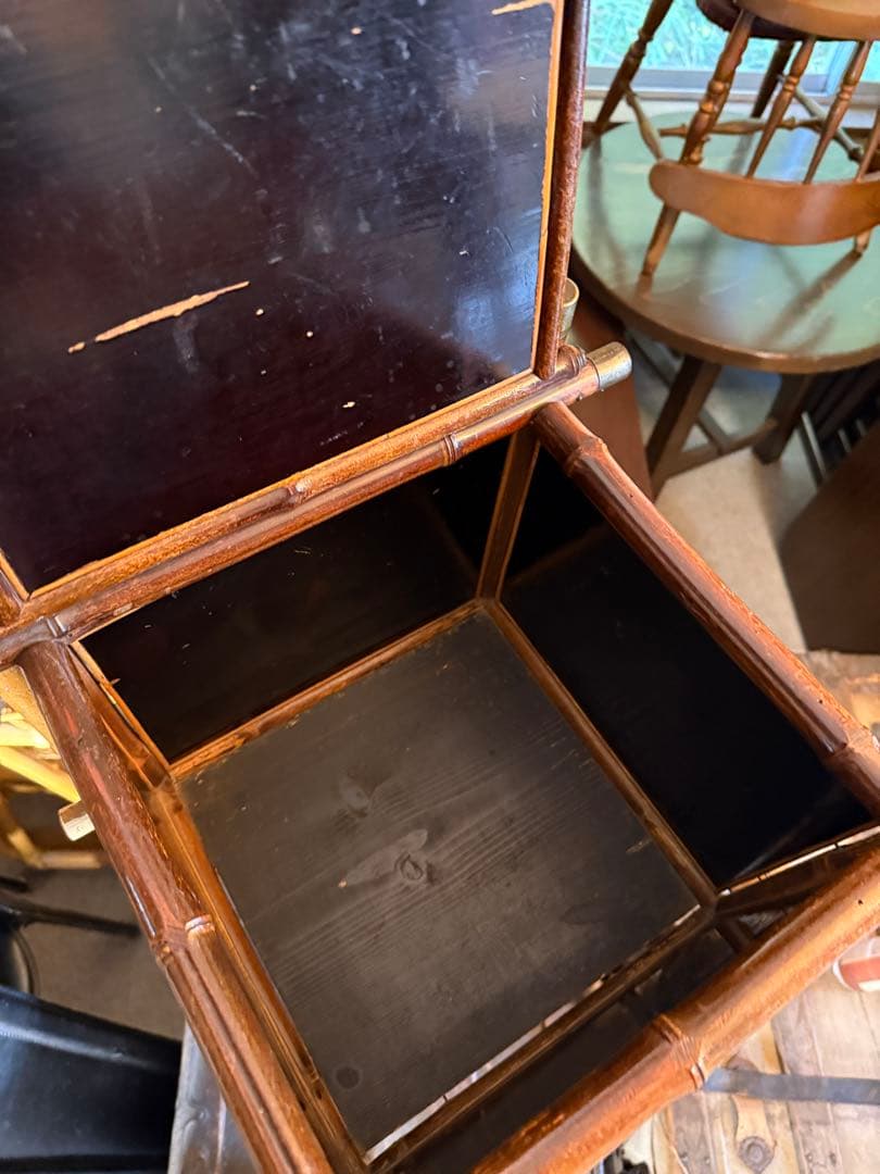 明治期 竹細工 蒔絵風パネル付 手焙り箱 花台 飾り棚