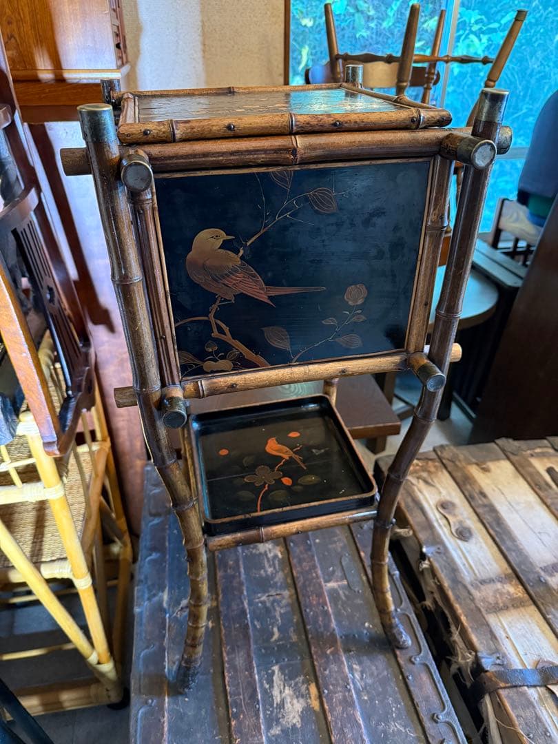 明治期 竹細工 蒔絵風パネル付 手焙り箱 花台 飾り棚