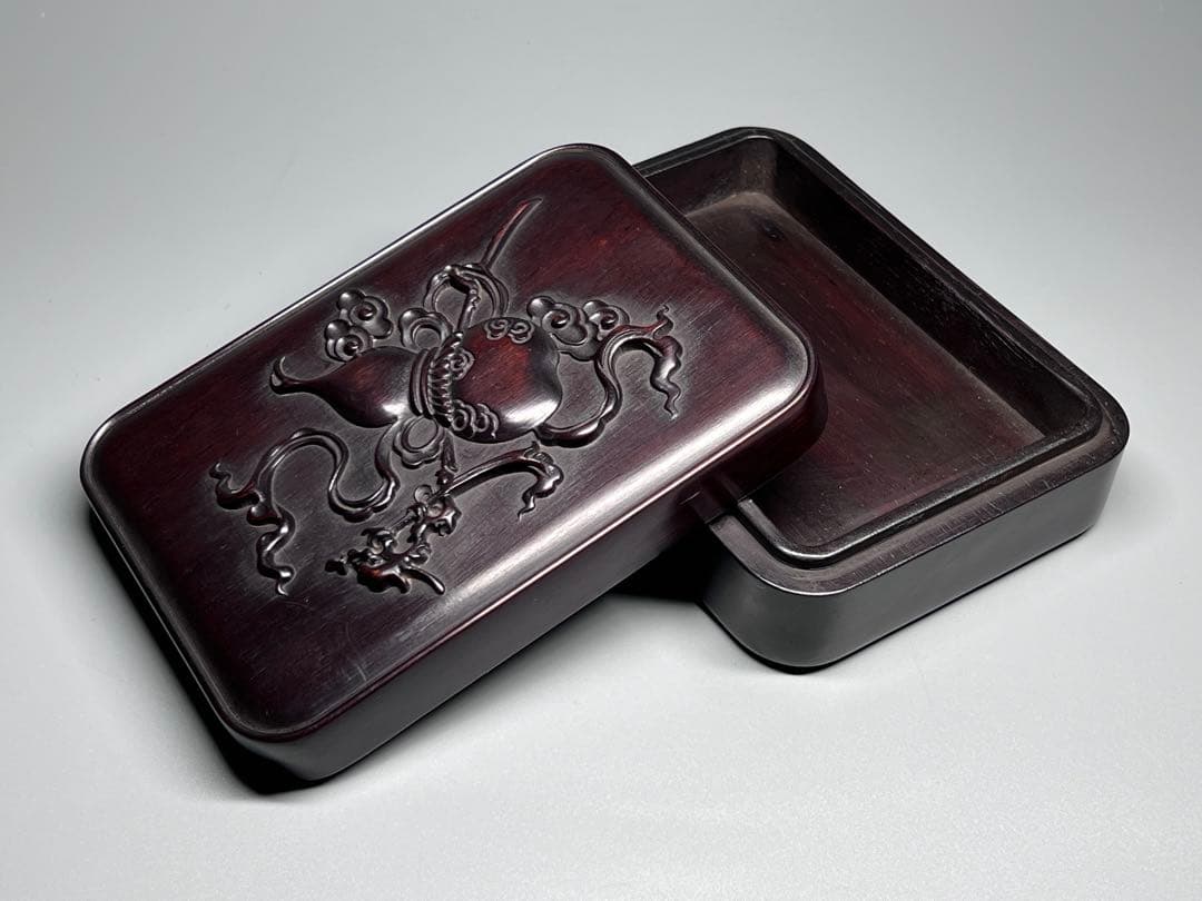 木製　小物入れ　紫檀　硯箱　瓢箪　浮き彫り　極細工　文房具　中国美術　香合　美品
