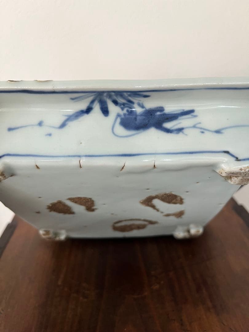 希少無傷　中国美術　明　天啓古染付　牛車に翁　紗綾紋　隅切角皿　古伊万里　清朝期