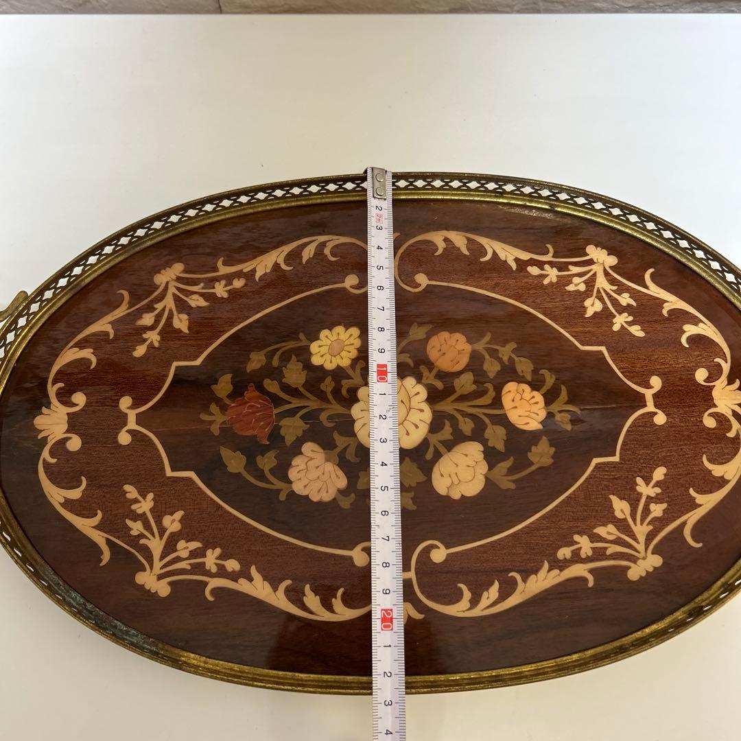 イタリア製 Demain 象嵌トレー２枚　象嵌花柄　木製 ゴールド手付