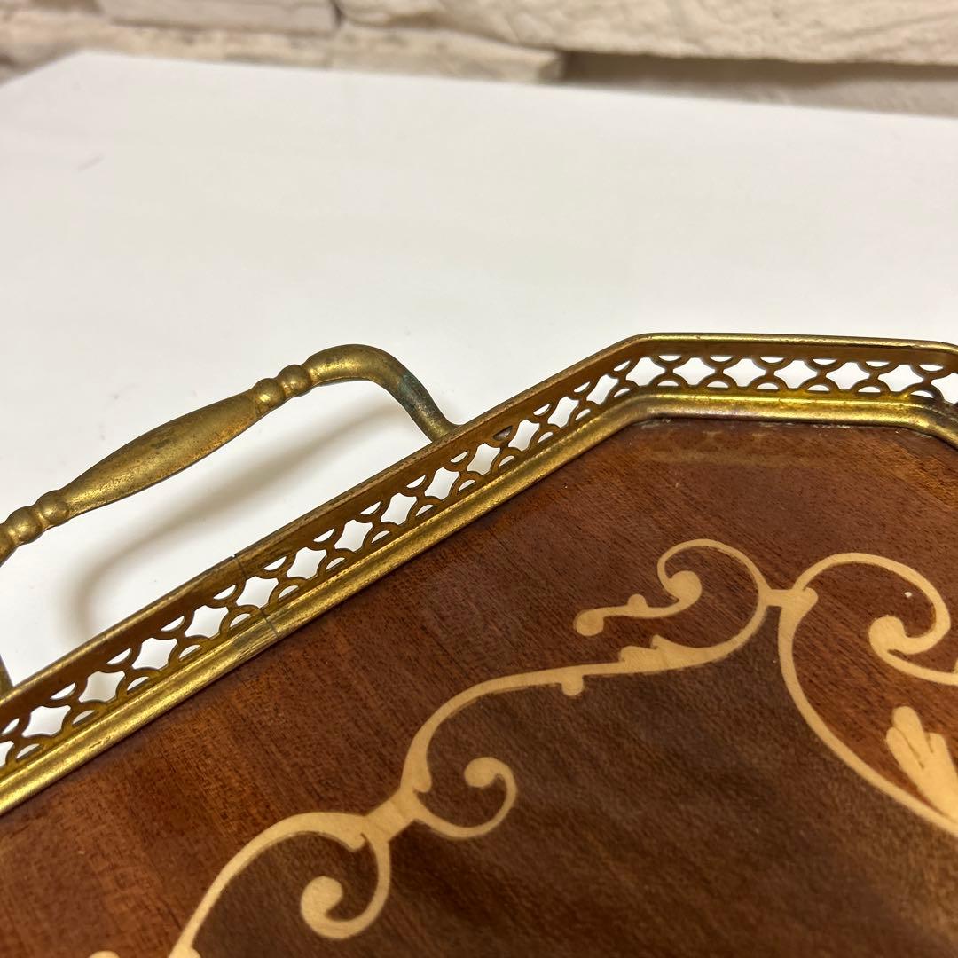 イタリア製 Demain 象嵌トレー２枚　象嵌花柄　木製 ゴールド手付