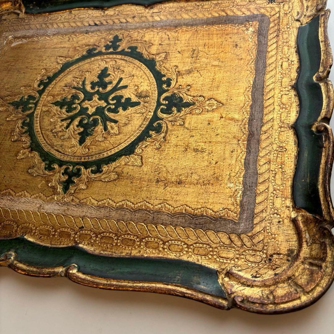 【イタリア】ヴィンテージ 木製 トレイ フロレンタイン 金色 深緑 大きめ