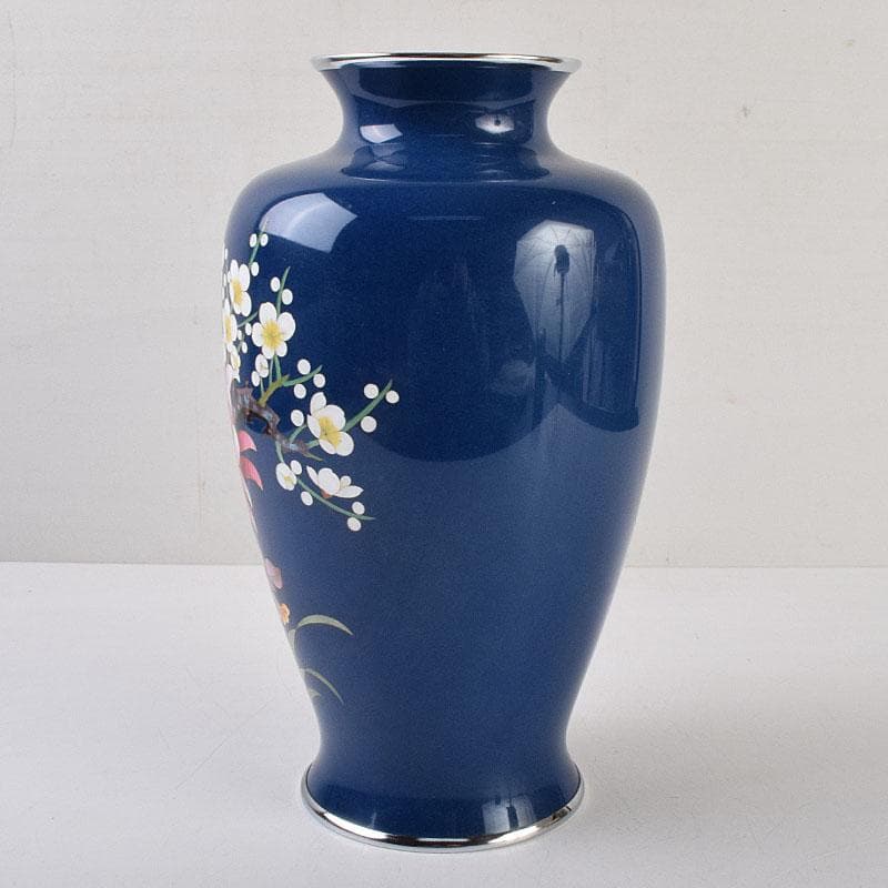 七宝焼　紺釉　四君子文　花瓶　共箱　F　R9167