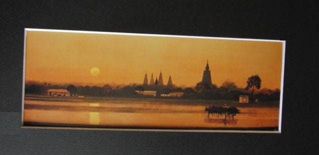 山本明比古、【ブッダガヤ夕景】、希少な額装用画集より、新品額装付