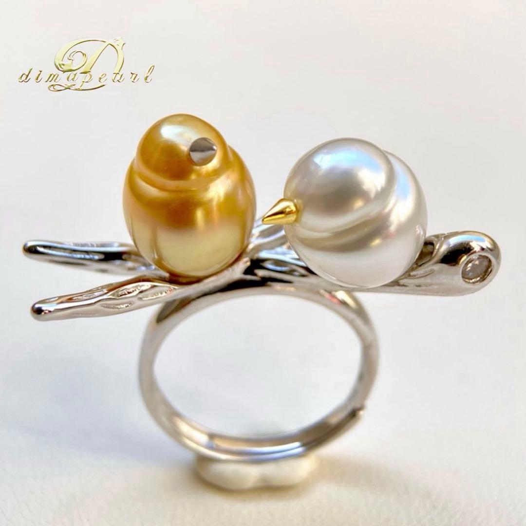 本真珠南洋白蝶真珠　茶金とホワイト「鳥と枝」s925リングY1027