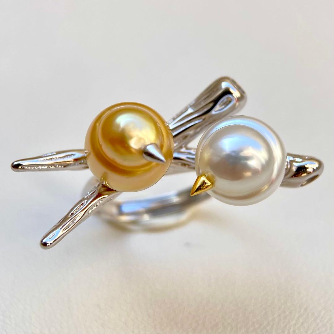 本真珠南洋白蝶真珠　茶金とホワイト「鳥と枝」s925リングY1027