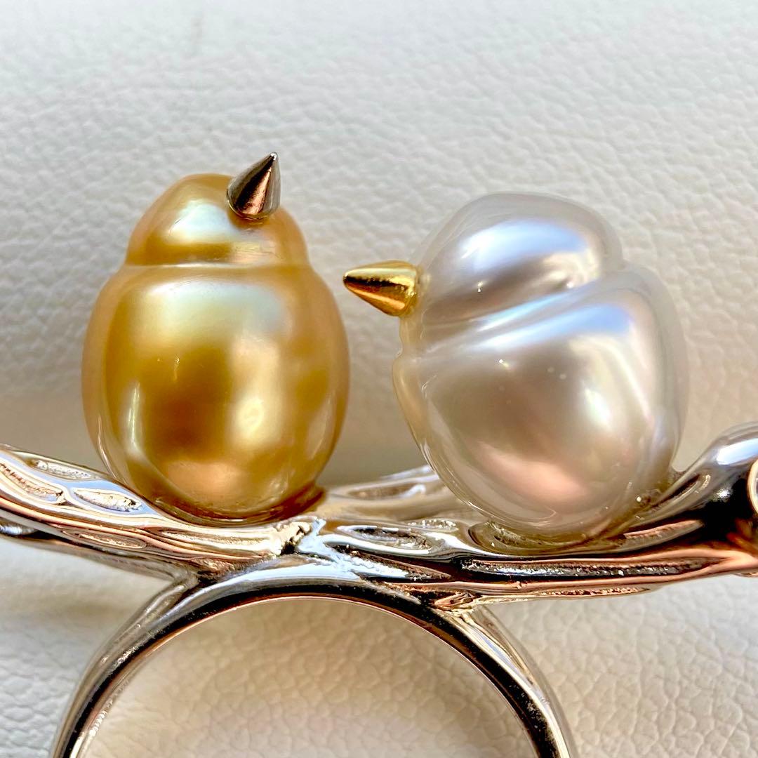 本真珠南洋白蝶真珠　茶金とホワイト「鳥と枝」s925リングY1027