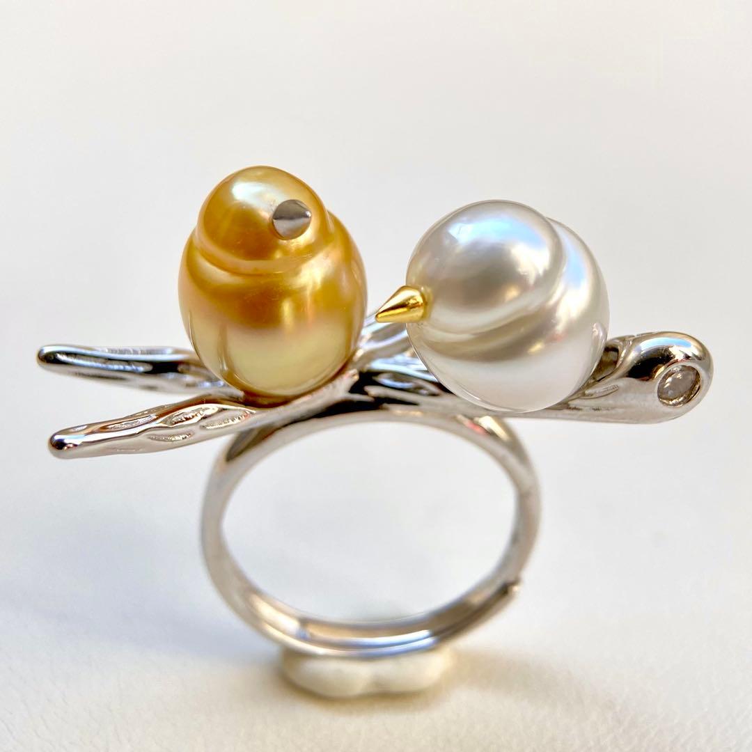 本真珠南洋白蝶真珠　茶金とホワイト「鳥と枝」s925リングY1027