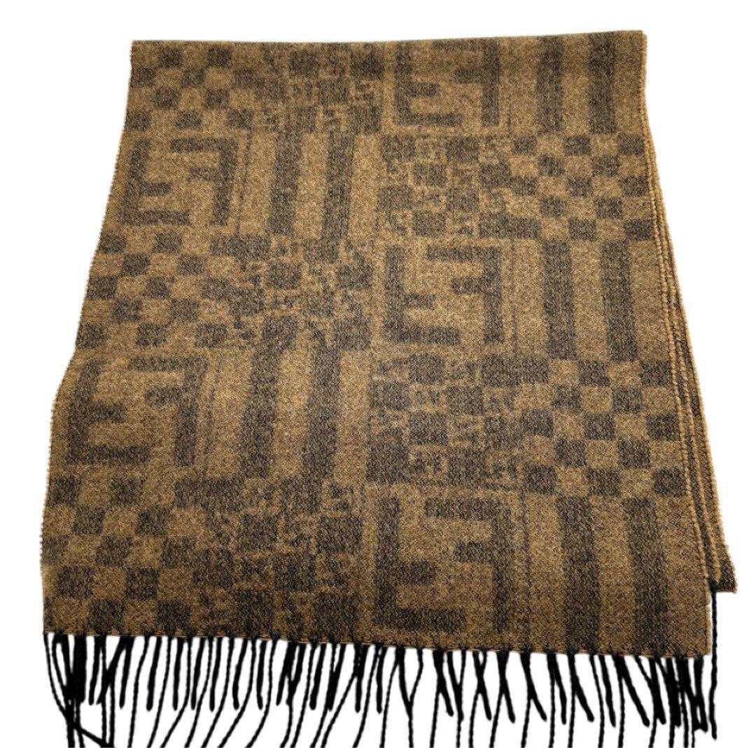 FENDI フェンディ ズッカ柄 ウールマフラー ブラウン チェック フリンジ