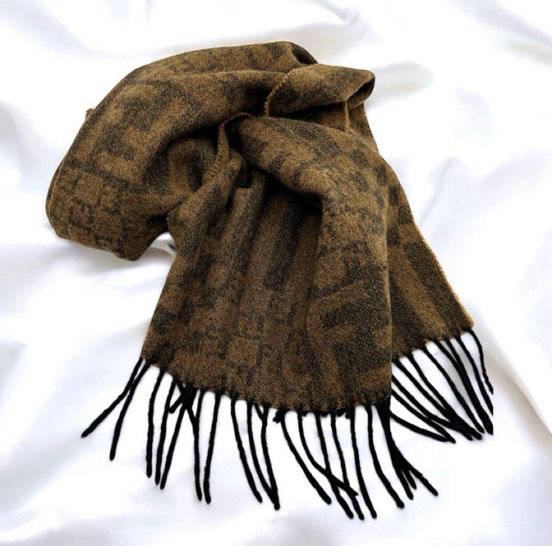FENDI フェンディ ズッカ柄 ウールマフラー ブラウン チェック フリンジ