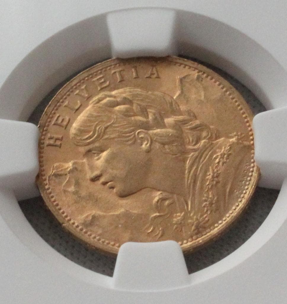 1922年 スイス ブレネリ アルプスの少女 20フラン 金貨 NGC MS66