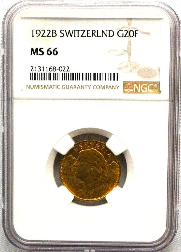 1922年 スイス ブレネリ アルプスの少女 20フラン 金貨 NGC MS66