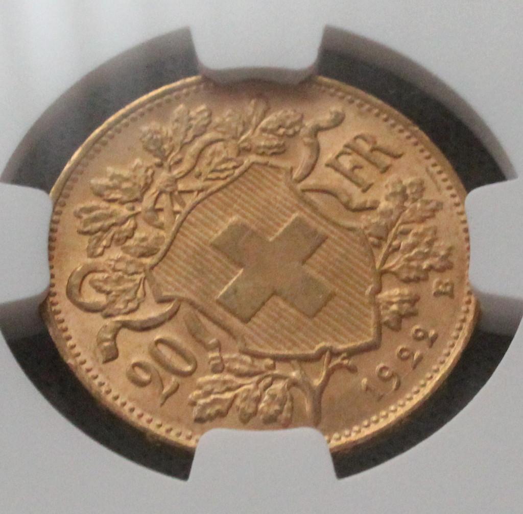 1922年 スイス ブレネリ アルプスの少女 20フラン 金貨 NGC MS66