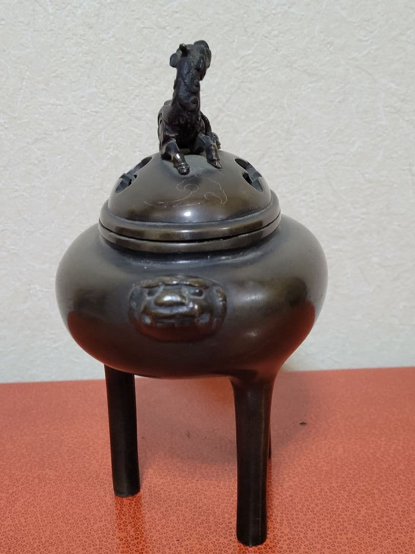 明治期 極上 宣徳銅製 麒麟摘蓋金銀象嵌鳳凰図 三足高足 香炉煎茶道具中国古玩