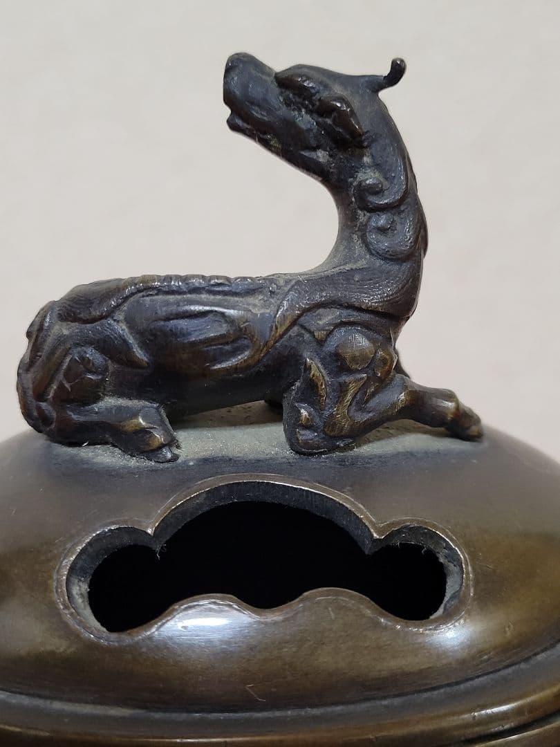 明治期 極上 宣徳銅製 麒麟摘蓋金銀象嵌鳳凰図 三足高足 香炉煎茶道具中国古玩