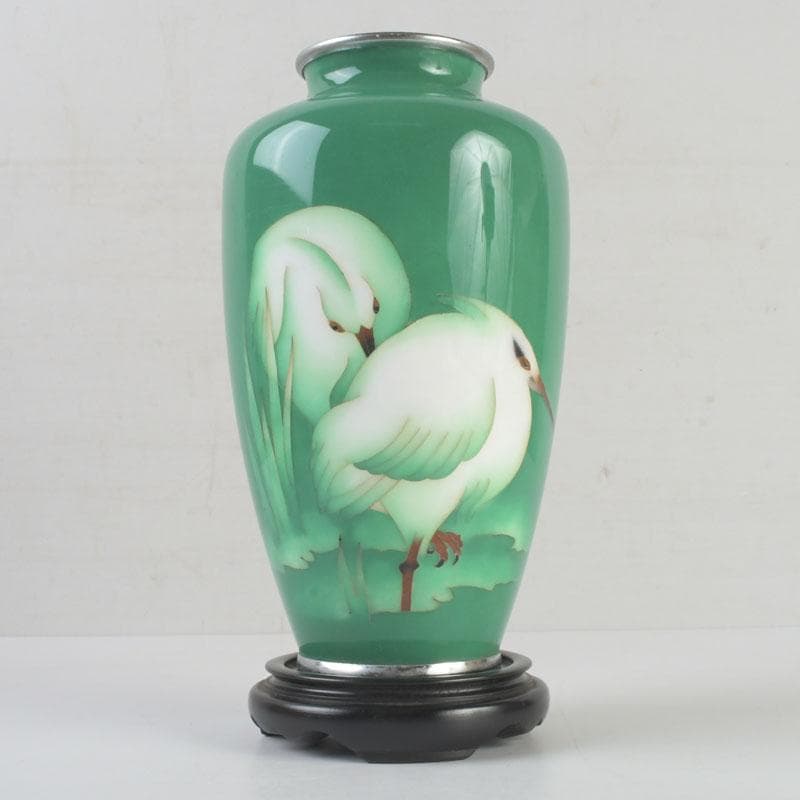 七宝焼　緑釉　双鳥文　花瓶　唐木台付　共箱　V　9586