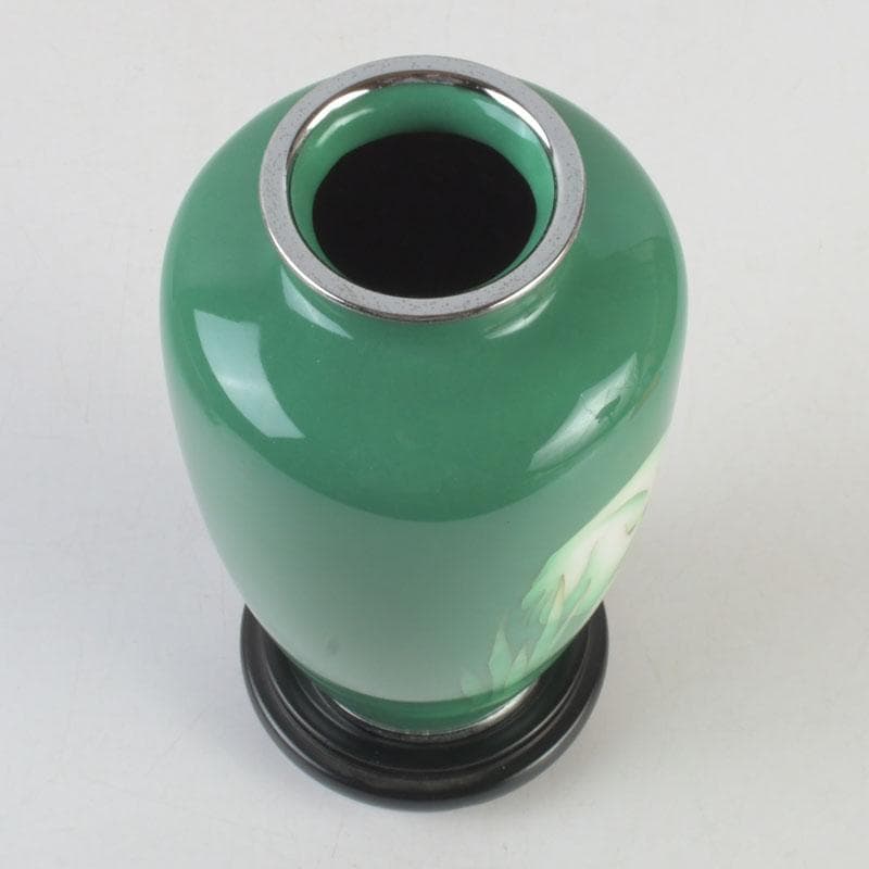 七宝焼　緑釉　双鳥文　花瓶　唐木台付　共箱　V　9586