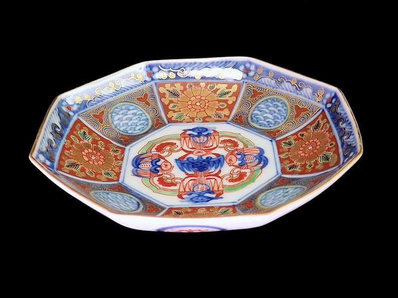 大聖寺伊万里　金襴手　描分　花に青海波八角５寸皿　２枚　D931AS-CRx