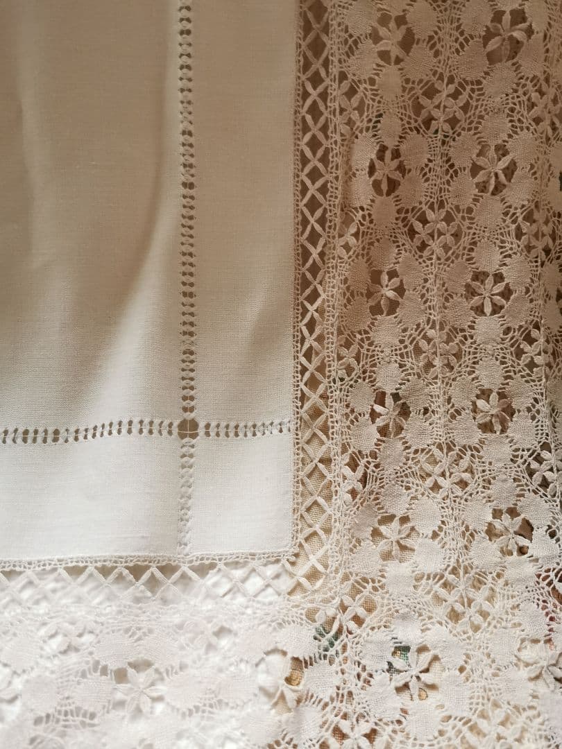 アンティーク シルク混ヤーンニードルワークレーストリム 梯子刺繍リネンクロス