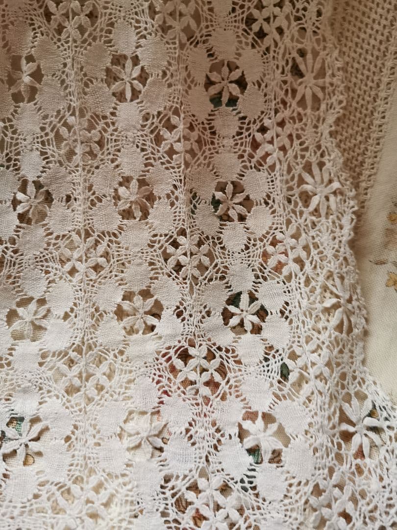 アンティーク シルク混ヤーンニードルワークレーストリム 梯子刺繍リネンクロス