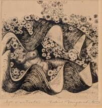 【真作】版画　宮下登喜雄　銅版画　裸婦と花々　モダンアート　Y162