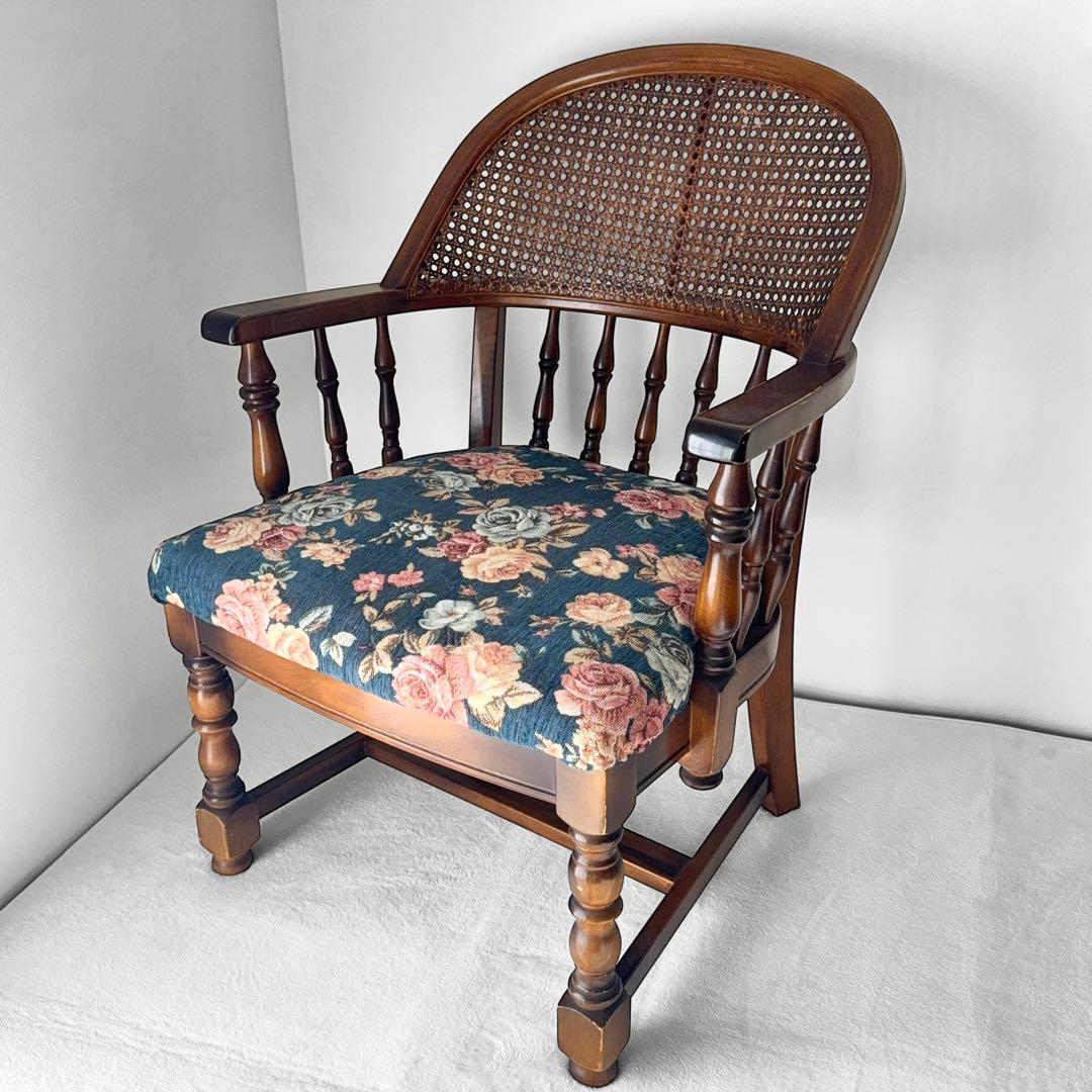 オールドカリモク コロニアル 花柄 ベロア ラタン アームチェア アンティーク