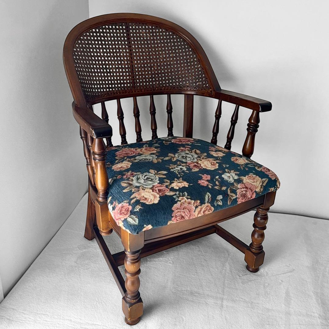 オールドカリモク コロニアル 花柄 ベロア ラタン アームチェア アンティーク