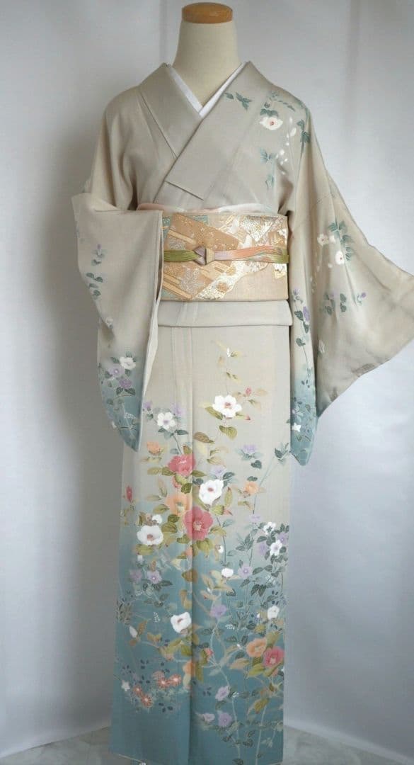 緑み薄い灰色訪問着セット 正絹 袷 作家