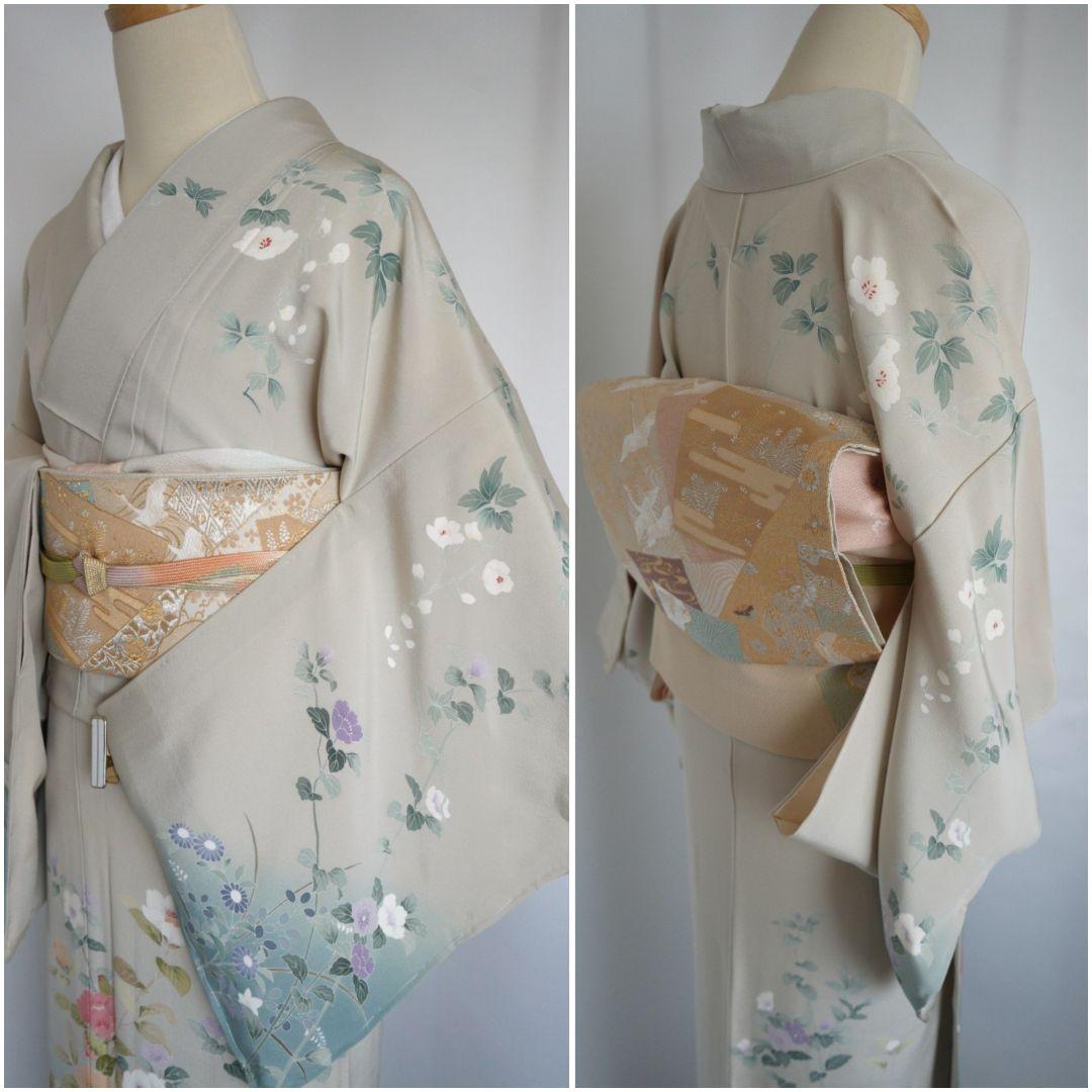 緑み薄い灰色訪問着セット 正絹 袷 作家