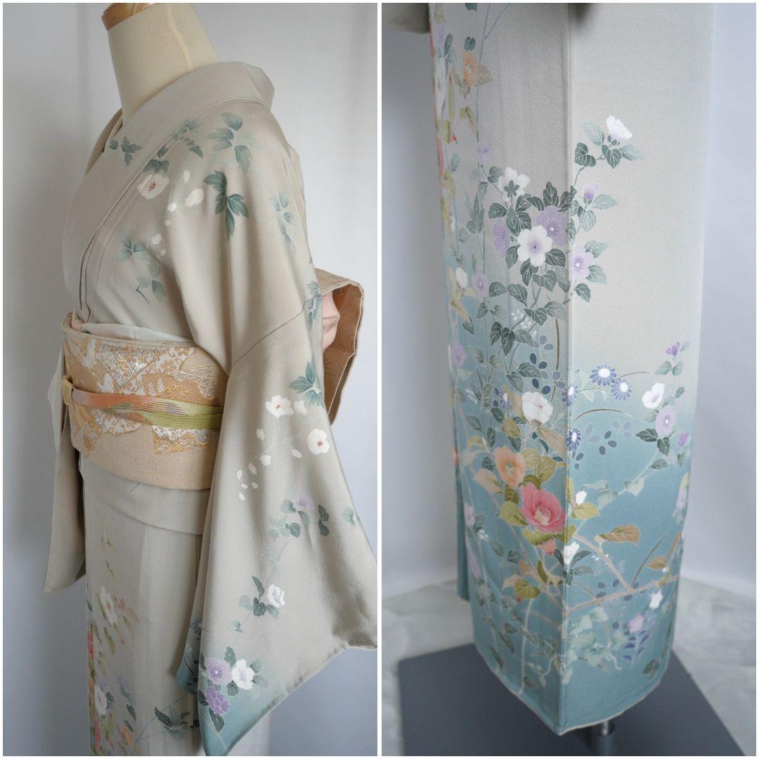 緑み薄い灰色訪問着セット 正絹 袷 作家