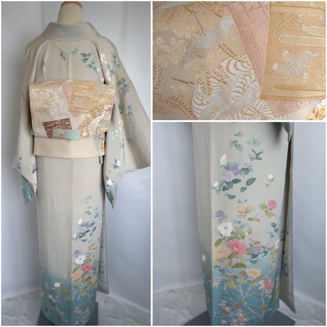 緑み薄い灰色訪問着セット 正絹 袷 作家