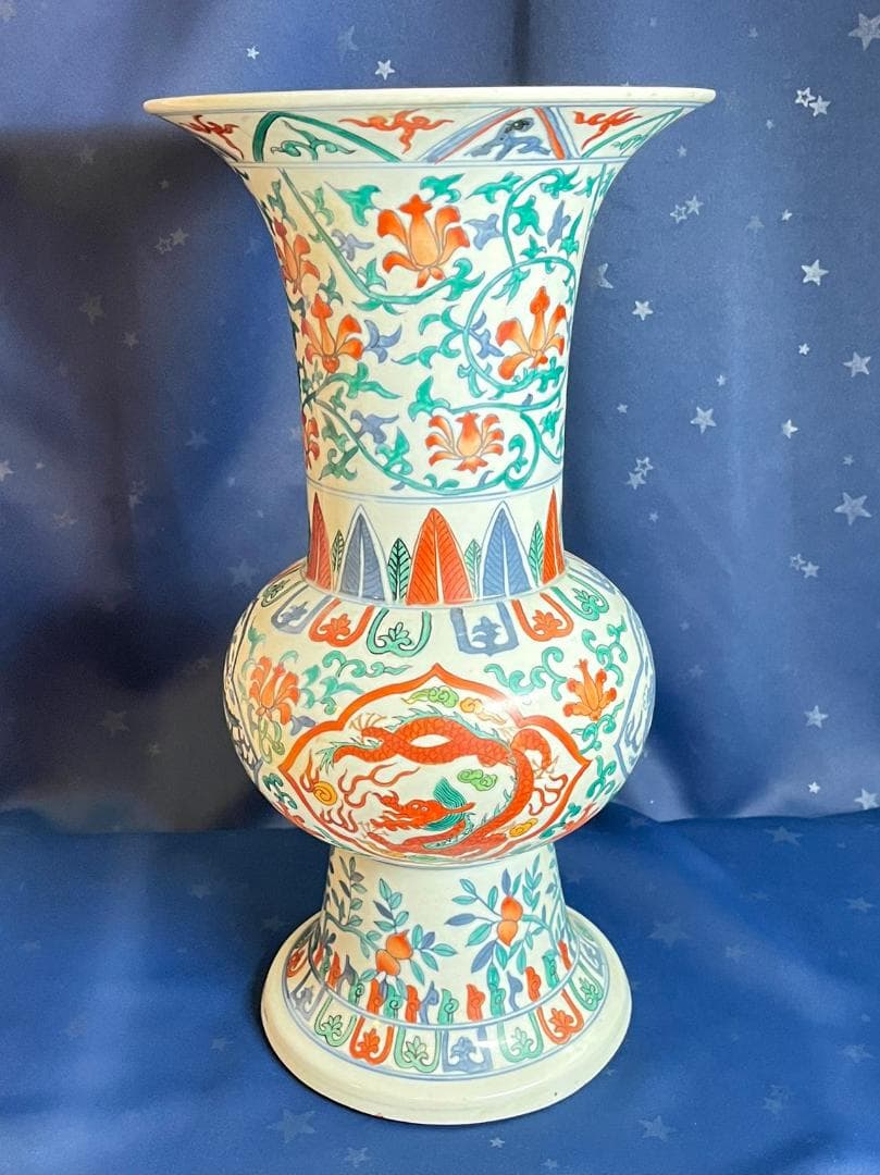 中国古玩 大明萬暦年製 彩色雲龍紋花瓶 花器 花生 高さ約42.3cm 時代物