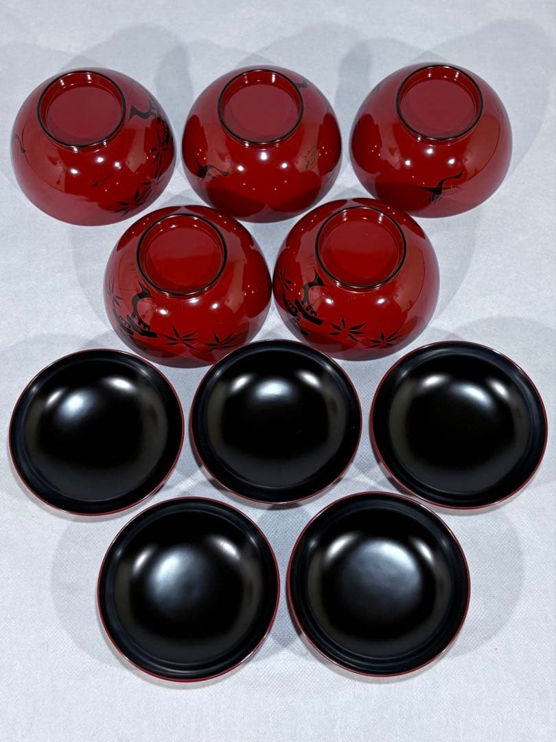 輪島塗　北村葵春造　朱塗 蓬莱山絵　煮物椀五客　美品　共箱　茶道具　懐石　送料込