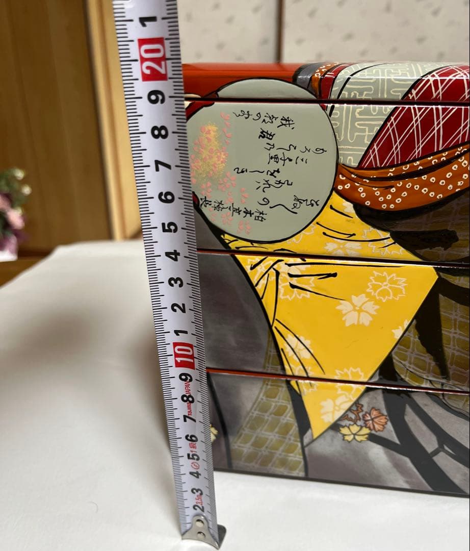 会津塗 木製三段重 朱漆 浮世絵 手書 蒔絵 うるし絵・会津絵　珍品