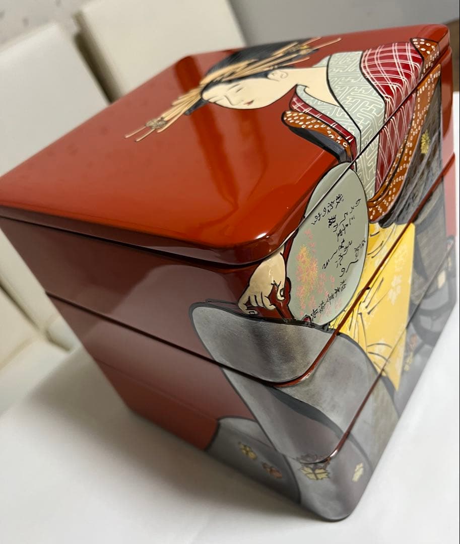 会津塗 木製三段重 朱漆 浮世絵 手書 蒔絵 うるし絵・会津絵　珍品