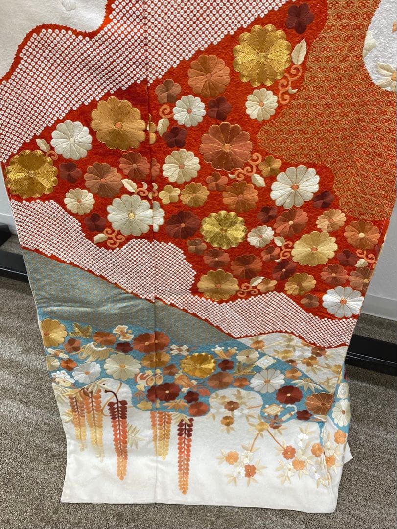 豪華 総手刺繍 振袖 仮絵羽 未仕立て 銀通し 金駒 金彩 宝尽くし 金糸 正絹