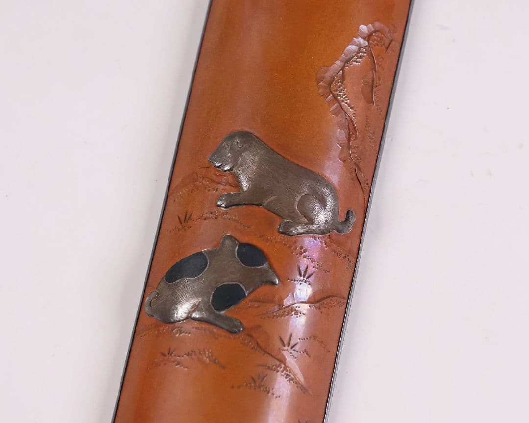 【MB20】煎茶道具 杉本儀助(作) 素銅内銀張 高肉象嵌 仔犬 茶合 金工