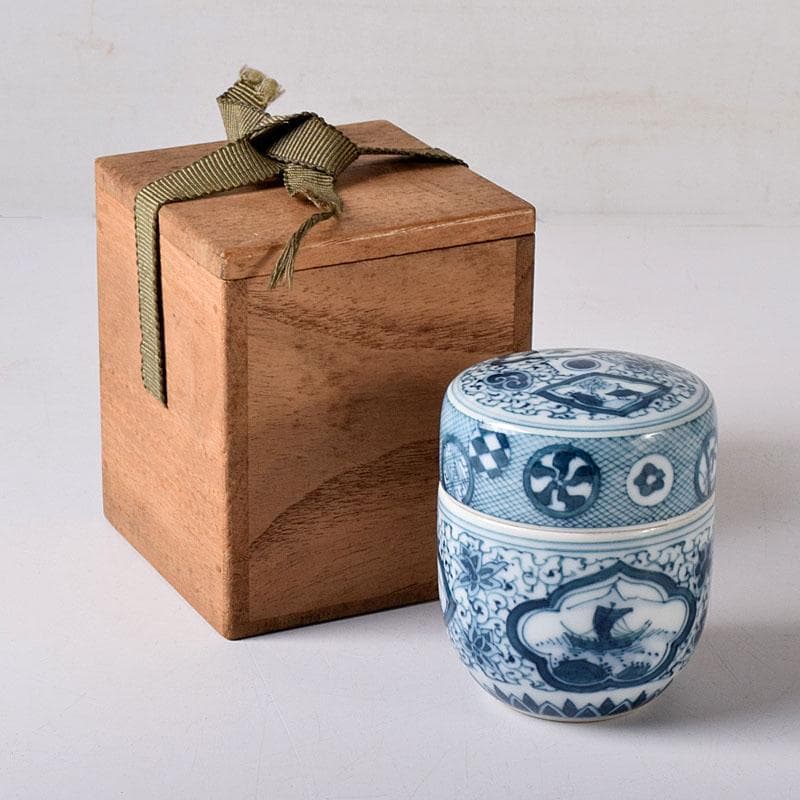 茶道具　湖東焼　染付　山水文　茶入　茶壺　時代箱　V　7661