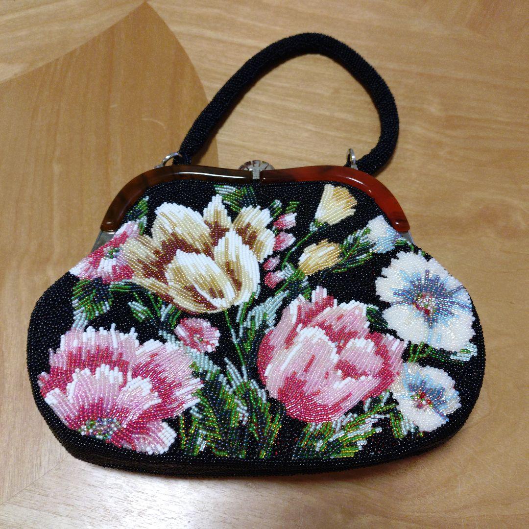 美品　ビーズバッグ　手刺繍 花　カラフル　鮮やか　和装