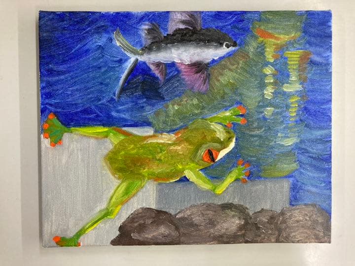 カエル　トビウオ　絵画　自作