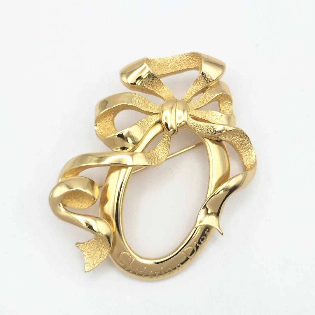 【S】美品 Dior ディオール リボン ヴィンテージ ゴールド ブローチ 箱付