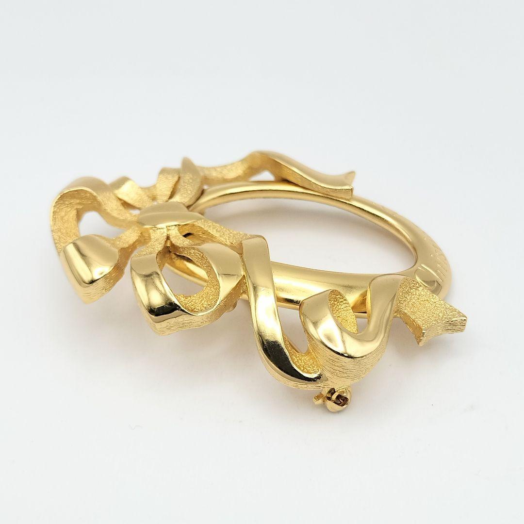 【S】美品 Dior ディオール リボン ヴィンテージ ゴールド ブローチ 箱付