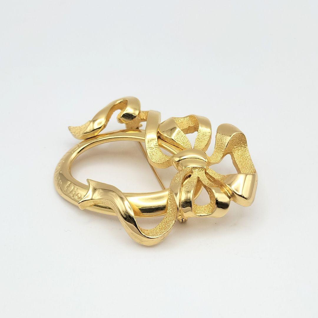 【S】美品 Dior ディオール リボン ヴィンテージ ゴールド ブローチ 箱付