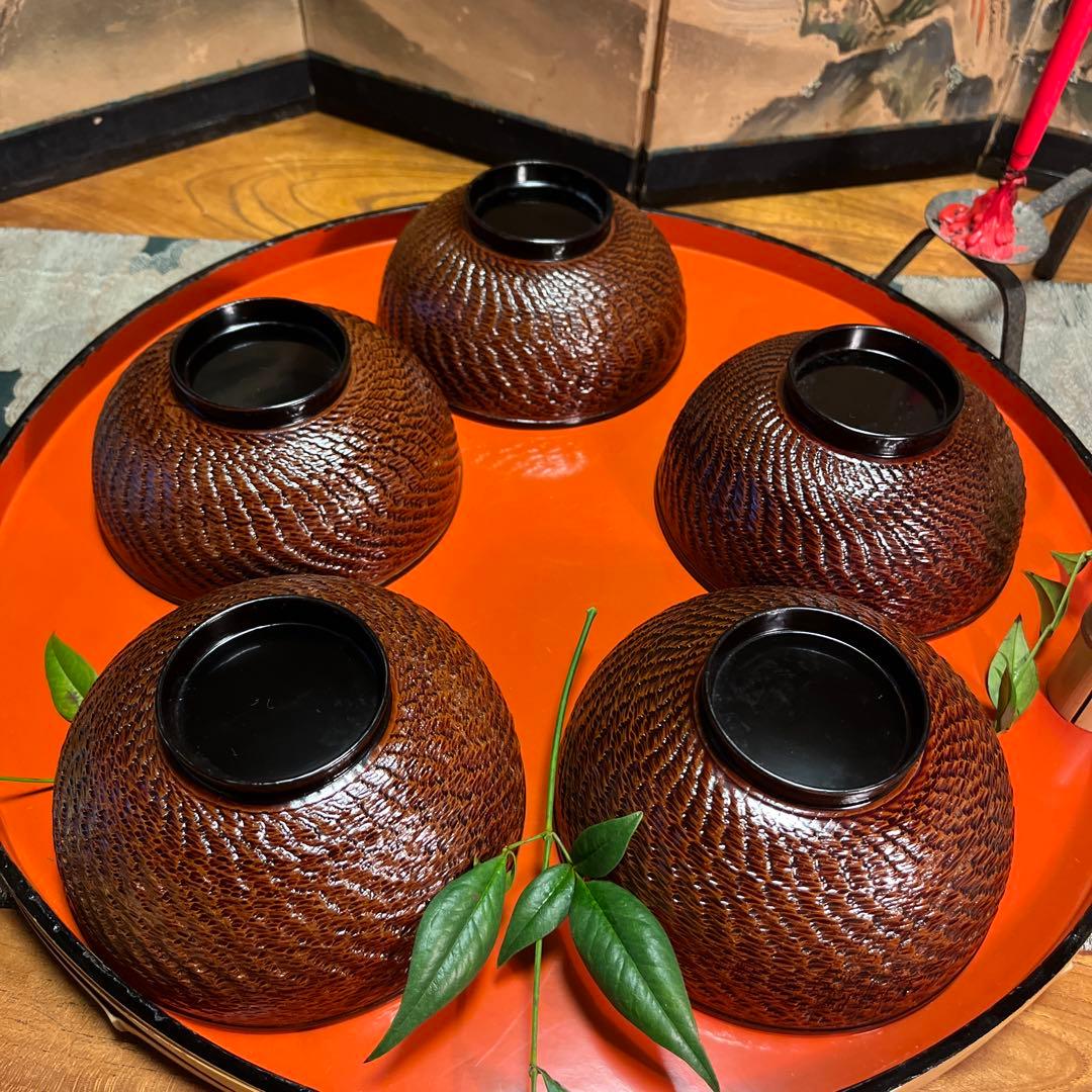 A1029 木製輪島塗　富士月　闇蒔絵　流水に亀蒔絵　吸い物庵5客