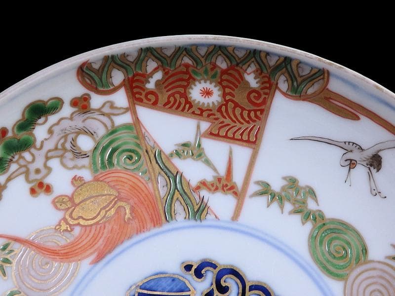 古伊万里　金襴手　松竹梅に鶴亀の図　５寸半皿　５枚　A915AS-CXd